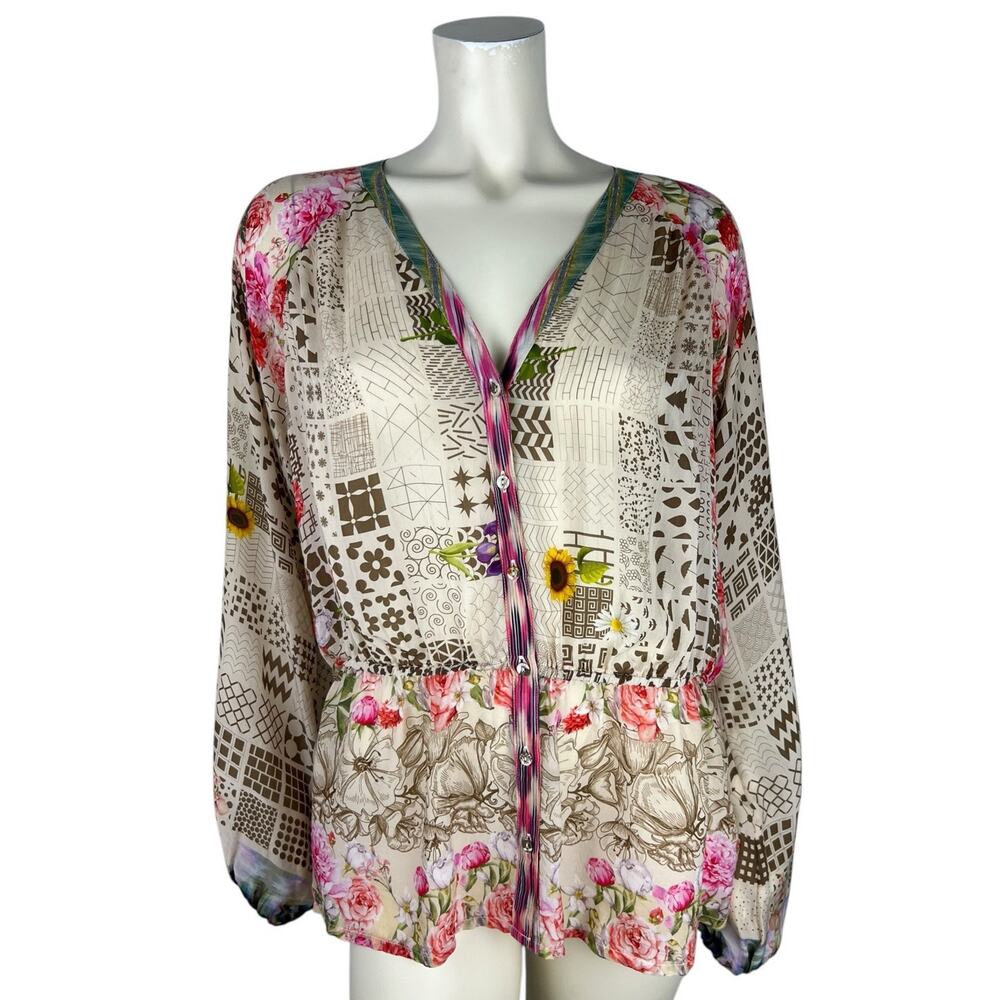Johnny Was Fawn Mixed Print Blouson Top Size L Button Down Long Sleeve Boho
